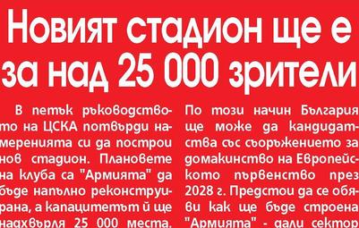 Сензациите в пресата: Новият стадион на ЦСКА ще е за над 25 000 зрители